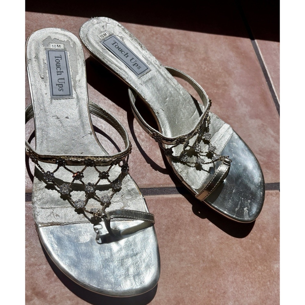 Touch Ups Marcella Gold  Mirror Jeweled Thong Kitten Heel Sandals Size 10M Regal